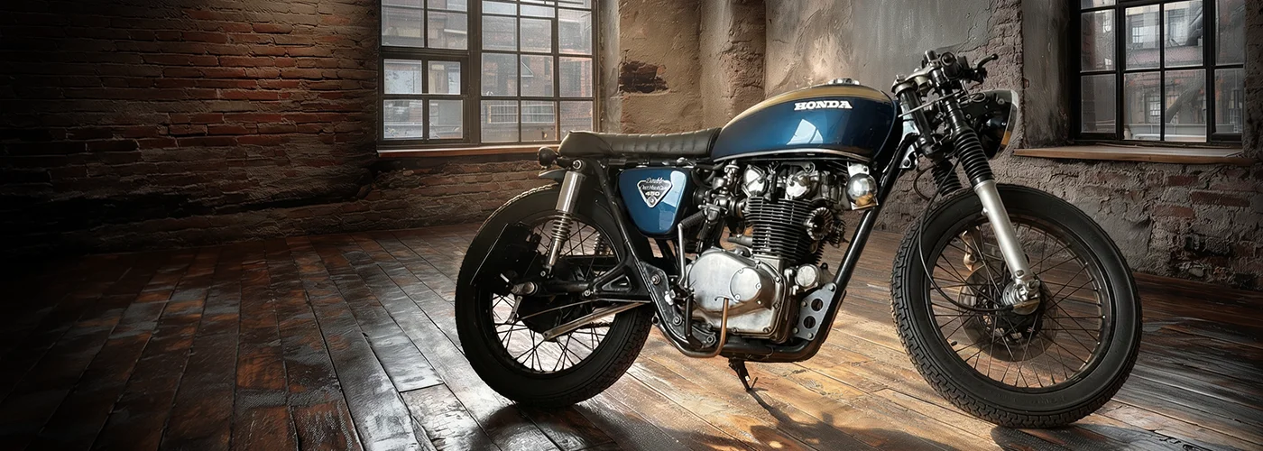 Vintage-Café-Racer-Motorrad - seitliche Ansicht eines dunkelblauen Honda Cafe Racer mit niedrigem Lenker, schlankem Tank, minimalistischer Sitzbank, sichtbarem luftgekühltem Reihenmotor und klassischen Speichenrädern in der Werkstatt von MotoPassion in Emmering