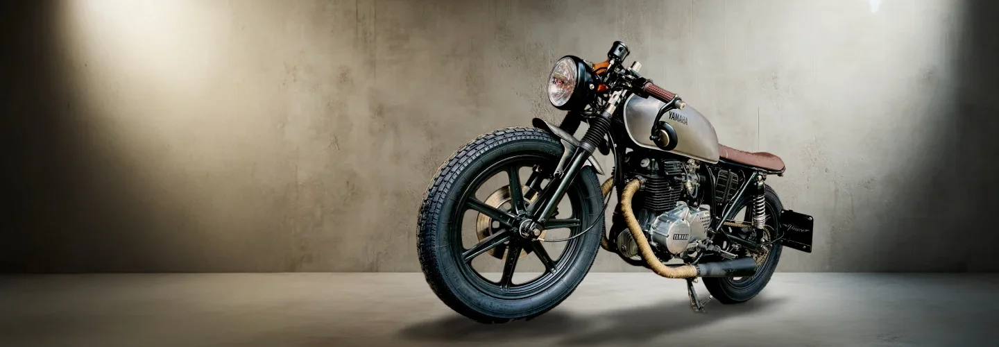 Individuell umgebautes Café-Racer-Motorrad in seitlicher Dreiviertelansicht vor einer schlichten Betonwand. Das Bike hat einen cremefarbenen Tank, eine braune Ledersitzbank, einen freiliegenden Motor mit goldfarbenem Auspuffkrümmer, breite Profilreifen und einen runden Frontscheinwerfer.