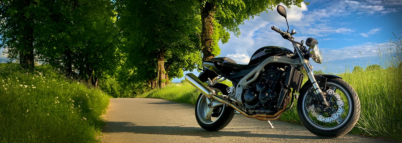 Triumph Speed Triple (2003) mit charakteristischem Dreizylinder-Motor, sportlicher Naked-Bike-Geometrie und markantem Auspuff. Das schwarze Modell steht im Fokus vor sommerlicher Kulisse nahe Emmering bei München.
