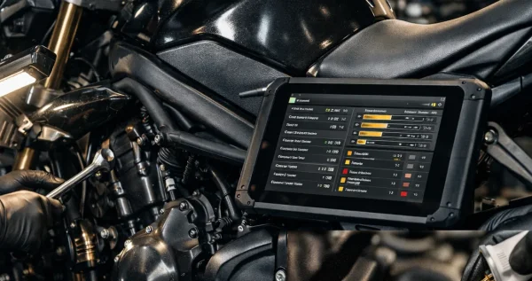 Motorrad-Fehlerdiagnose mit digitalem Diagnosesystem an einem Naked Bike - professionelle Motorrad-Reparatur bei MotoPassion Ebersberg
